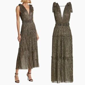 NWOT Sabina Musáyev Helena Gold Metallic Tiered Maxi Dress Gown Removable Belt 0